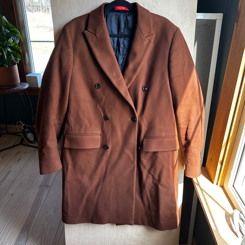Scotch & Soda Brown Wool Pea Coat with Wide Lapels